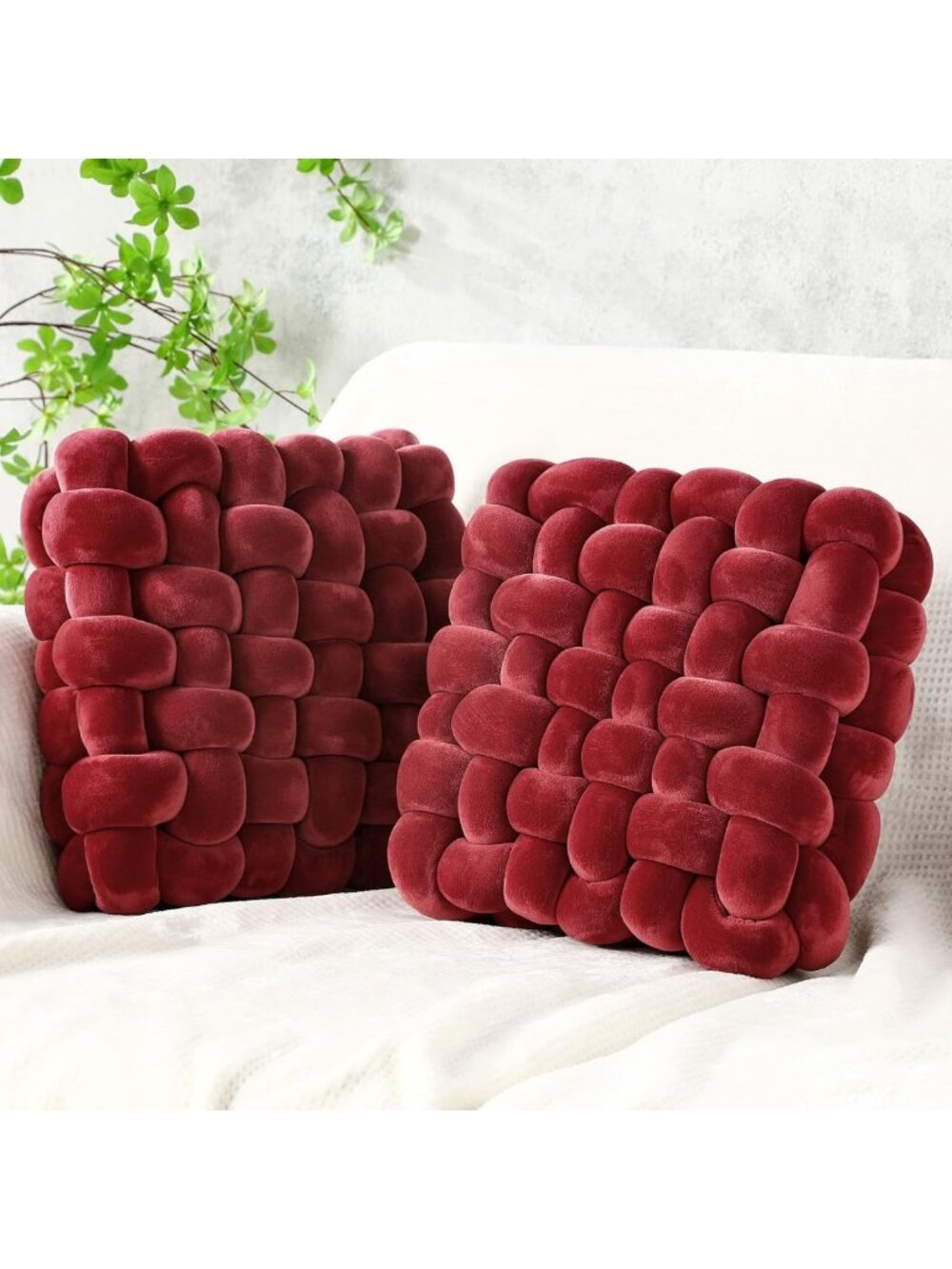Cozy Burgundy Knot Pillows - 2 Pack Square Throw Pillows in Luxurious Velvet